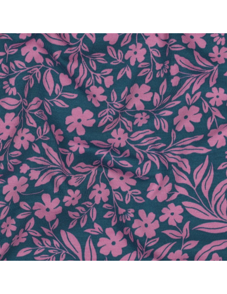 Tejido de punto con flores - Rosa sobre fondo azul petróleo