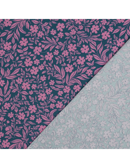 Tejido de punto con flores - Rosa sobre fondo azul petróleo