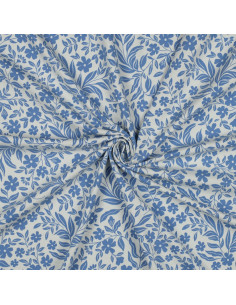 Tejido de punto con flores - Azul sobre fondo blanco