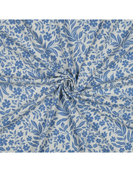 Tejido de punto con flores - Azul sobre fondo blanco