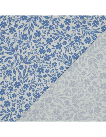Tela de jersey con flores - Azul sobre fondo blanco