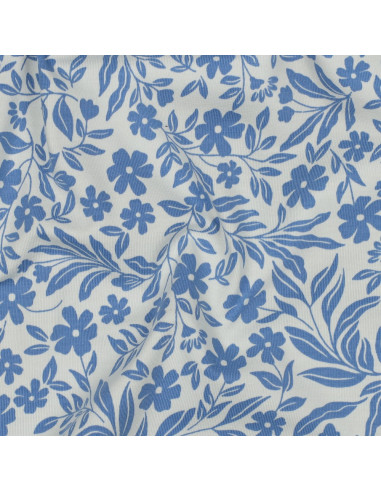 Tela de jersey con flores - Azul sobre fondo blanco