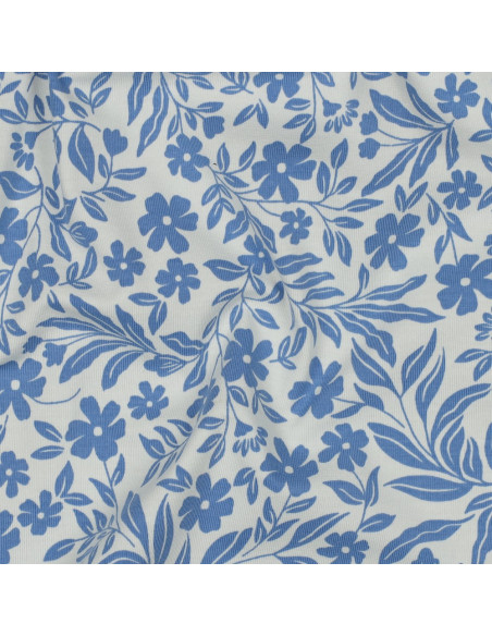 Tela de jersey con flores - Azul sobre fondo blanco