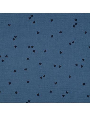 Tejido de doble gasa estampado - Corazón negro sobre fondo azul