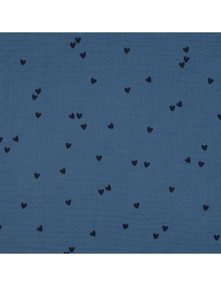 Tejido de doble gasa estampado - Corazón negro sobre fondo azul