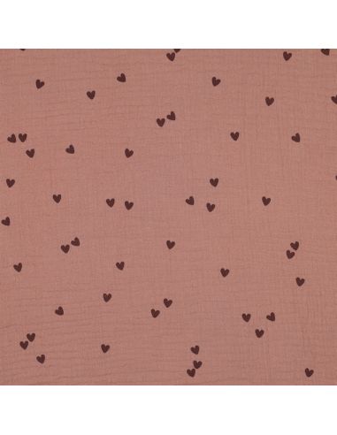Tejido de doble gasa estampado - Corazón mocha sobre fondo marrón