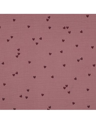 Tejido de doble gasa estampado - Corazones rosa sobre fondo rosa viejo oscuro