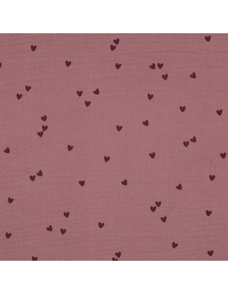Tejido de doble gasa estampado - Corazones rosa sobre fondo rosa viejo oscuro
