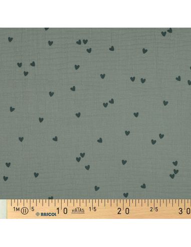 Tejido de doble gasa estampado - Corazón verde oscuro sobre fondo verde