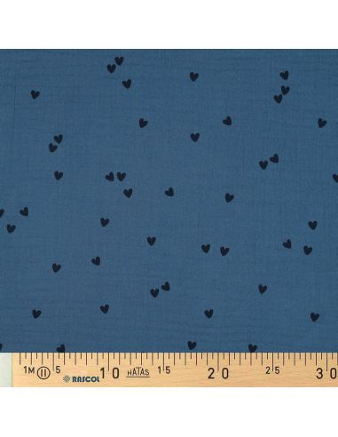 Tejido de doble gasa estampado - Corazón negro sobre fondo azul