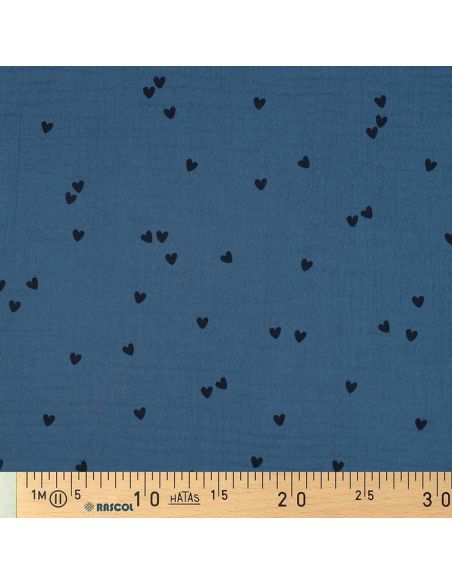 Tejido de doble gasa estampado - Corazón negro sobre fondo azul