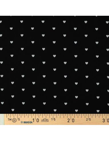 Tejido popelina de algodón fantasía - Corazones blancos sobre fondo negro