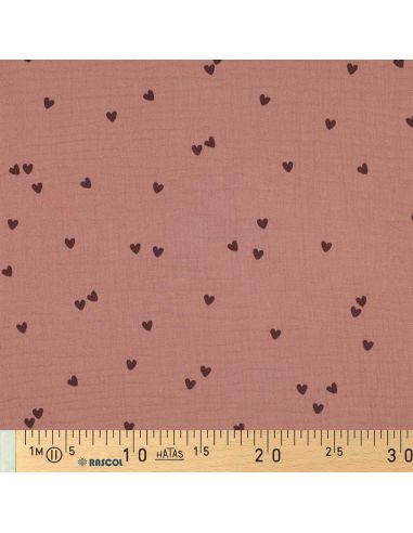 Tejido de doble gasa estampado - Corazón mocha sobre fondo marrón