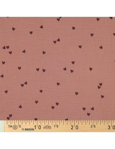 Tejido de doble gasa estampado - Corazón mocha sobre fondo marrón