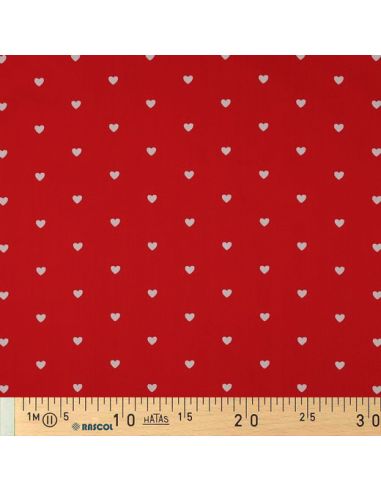 Tejido popelina de algodón fantasía - Corazones blancos sobre fondo rojo