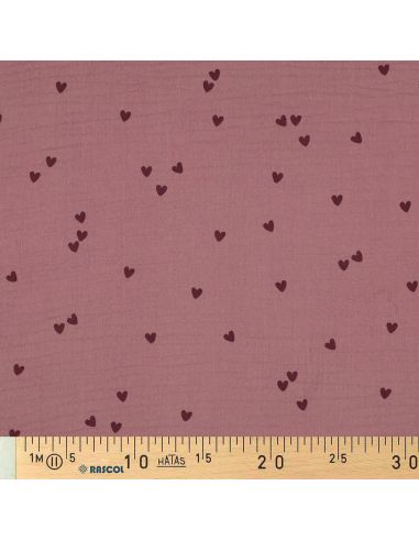 Tejido de doble gasa estampado - Corazones rosa sobre fondo rosa viejo oscuro