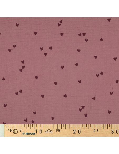 Tejido de doble gasa estampado - Corazones rosa sobre fondo rosa viejo oscuro
