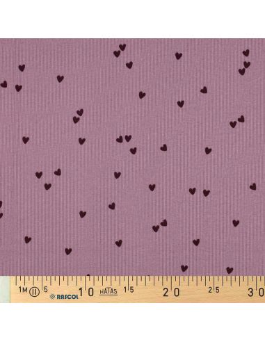 Tejido de punto jersey de algodón acanalado - Corazones malva