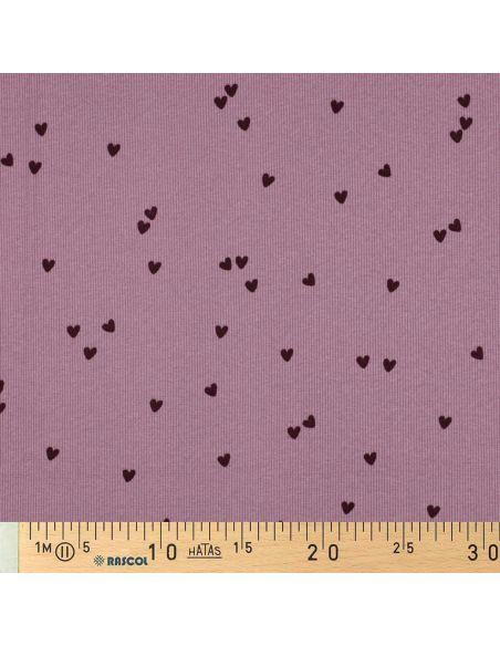 Tejido de punto jersey de algodón acanalado - Corazones malva