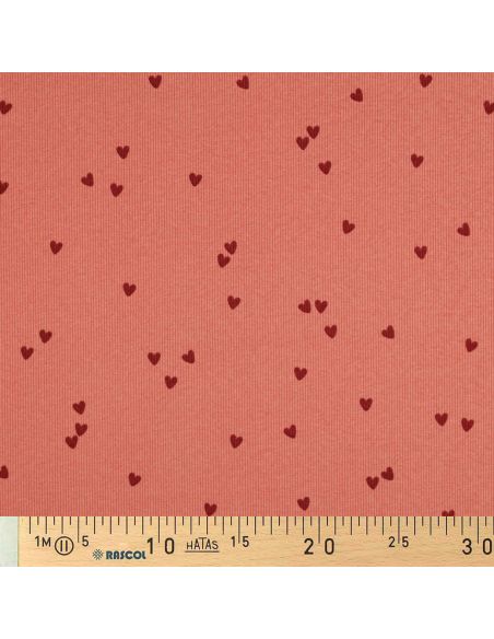 Tejido de punto jersey de algodón acanalado - Corazones coral