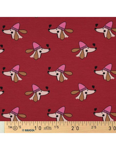 Tela de sudadera afelpada con perros y corazones - Rojo