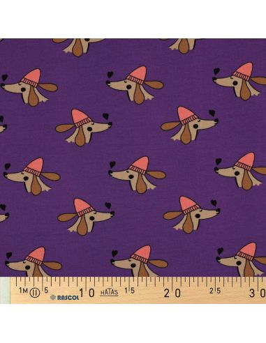Tela de sudadera afelpada con perros y corazones - Violeta