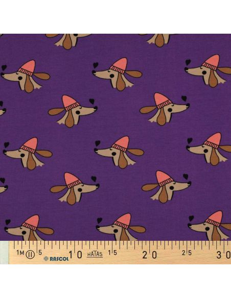 Tela de sudadera afelpada con perros y corazones - Violeta