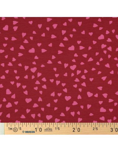 Tejido de sudadera afelpada rojo - Corazones rosa