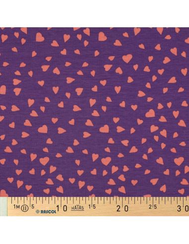 Tejido de sudadera afelpada violeta - Corazones coral
