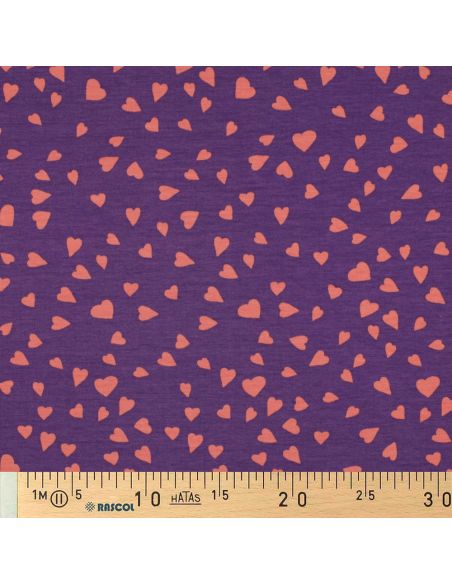 Tejido de sudadera afelpada violeta - Corazones coral