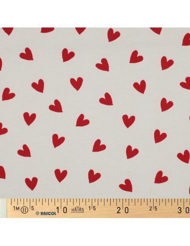 Tela de franela blanco roto - Corazones rojos
