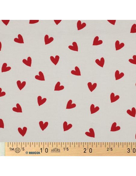 Tela de franela blanco roto - Corazones rojos