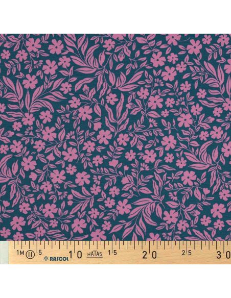 Tejido de punto con flores - Rosa sobre fondo azul petróleo