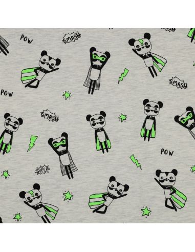 Tela de jersey jaspeado - Superhéroe verde sobre fondo gris
