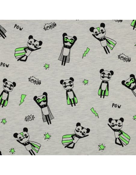Tela de jersey jaspeado - Superhéroe verde sobre fondo gris
