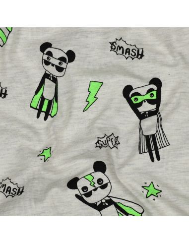 Tela de jersey jaspeado - Superhéroe verde sobre fondo gris