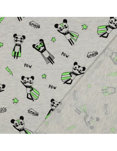 Tela de jersey jaspeado - Superhéroe verde sobre fondo gris