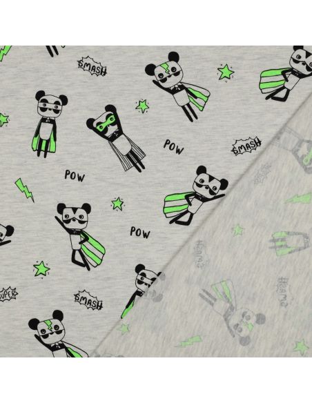 Tela de jersey jaspeado - Superhéroe verde sobre fondo gris