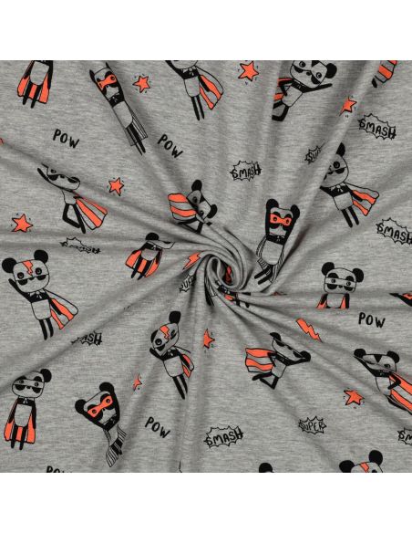 Tela de jersey jaspeado - Superhéroes naranja fondo gris