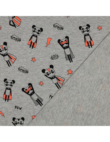 Tela de jersey jaspeado - Superhéroes naranja fondo gris