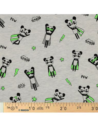 Tela de jersey jaspeado - Superhéroe verde sobre fondo gris