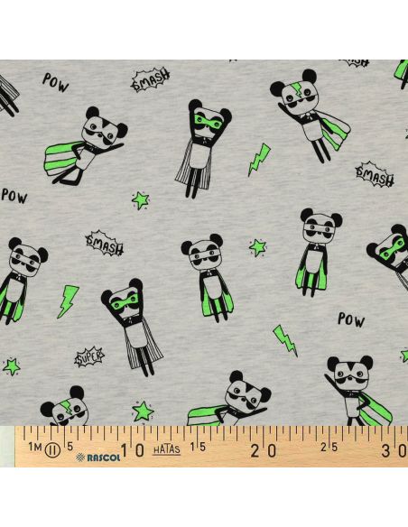 Tela de jersey jaspeado - Superhéroe verde sobre fondo gris