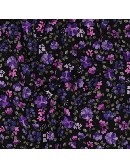 Tejido de punto Anna - Flores violetas sobre fondo azul marino
