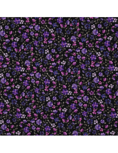 Tejido de punto Anna - Flores violetas sobre fondo azul marino