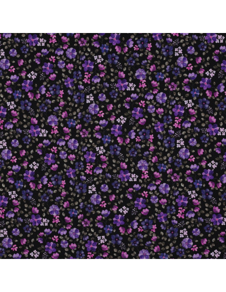 Tejido de punto Anna - Flores violetas sobre fondo azul marino