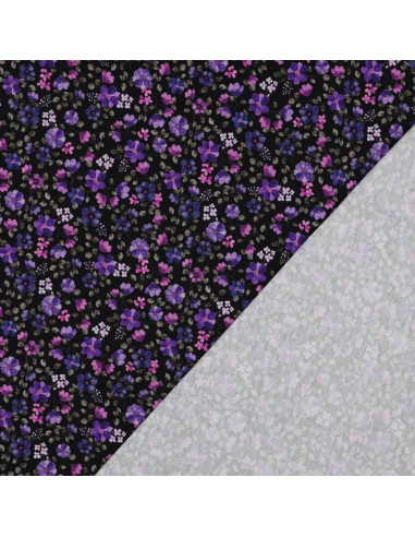 Tejido de punto Anna - Flores violetas sobre fondo azul marino