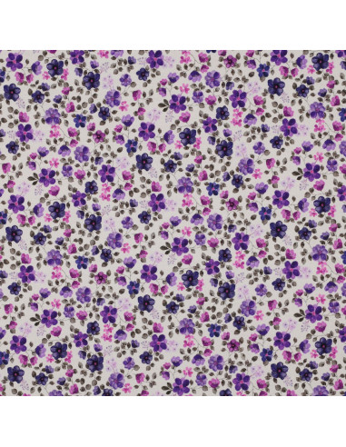 Tejido de punto Anna - Flores violetas sobre fondo blanco roto