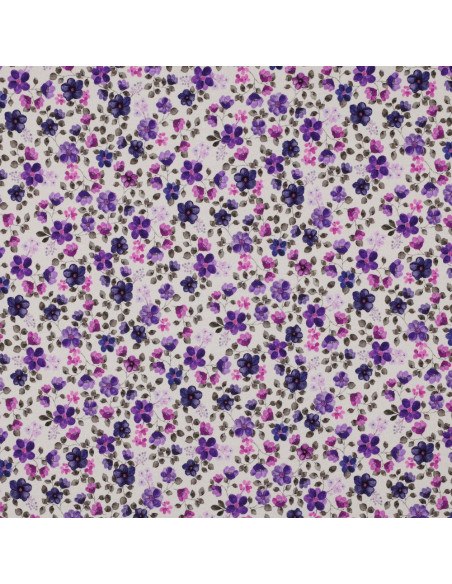 Tejido de punto Anna - Flores violetas sobre fondo blanco roto