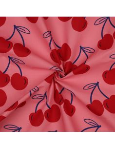 Tejido de algodón repelente al agua con cerezas grandes - Rosa
