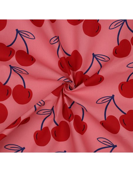 Tejido de algodón repelente al agua con cerezas grandes - Rosa
